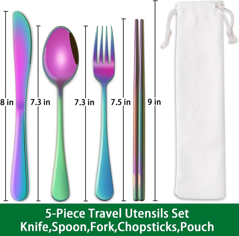 Dehov Rainbow Working Lunch Silveware Set,Reusable Travel Utensils Set With Case Includes Stainless Steel Chopsticks Knife Spoon And Fork,Camping Picnic Essentials - Image 2